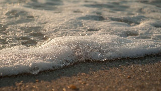 Sea foam bubbling on wet sand at golden shoreline with glistening surf bubbles
