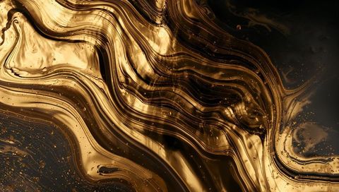 Flowing liquid gold marbling with metallic ribbons, reflective texture and droplets