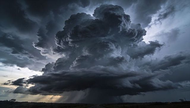 Massive Supercell Cumulonimbus Towering Over Rural Plain Revealing Dramatic Rain Shaft and Anvil Clo