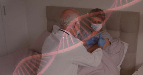 Doctor administering vaccine to bedridden patient with DNA helix overlay