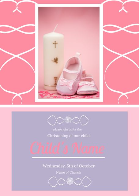 Christening Invitation with Pink Shoes and Candle on Pink Background - Download Free Stock Templates Pikwizard.com