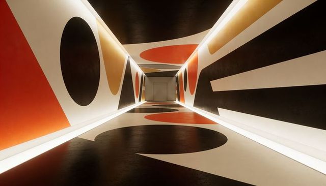 Abstract geometric art corridor with bold circles, semicircles and dramatic cove lighting