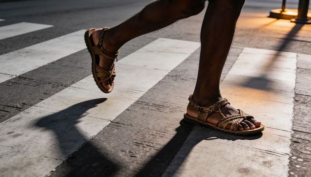 Crossing zebra crosswalk wearing woven sandals casting long shadow at golden hour street
