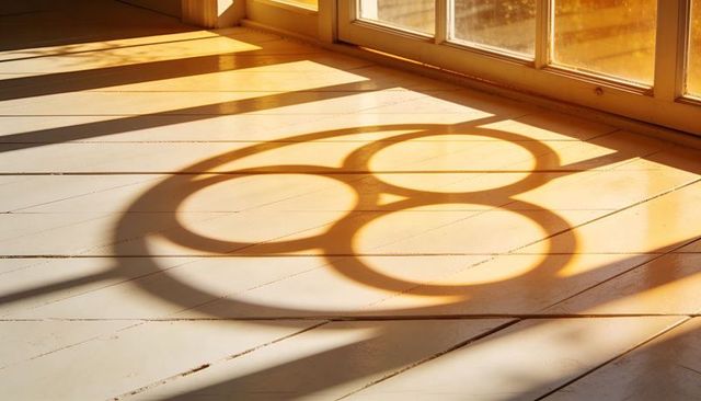 Casting Overlapping Circular Shadows on White Painted Floorboards in Warm Sunlight
