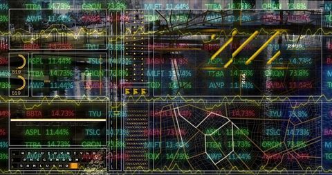 Futuristic financial interface dashboard with colorful data visualization
