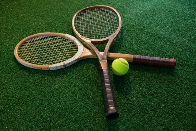 This image features two vintage wooden tennis rackets and a tennis ball on a grass court. Ideal for use in articles or advertisements related to sports history, retro sports equipment, tennis clubs, or recreational activities. Perfect for illustrating the evolution of tennis gear or promoting tennis events with a nostalgic theme.