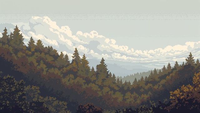 Pixel-art misty conifer ridge stretching across mountain valley with autumnal mosaic tones