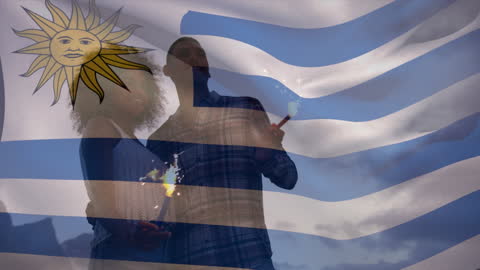 Uruguay Flag Overlaying Diverse Friends at Beach Celebration
