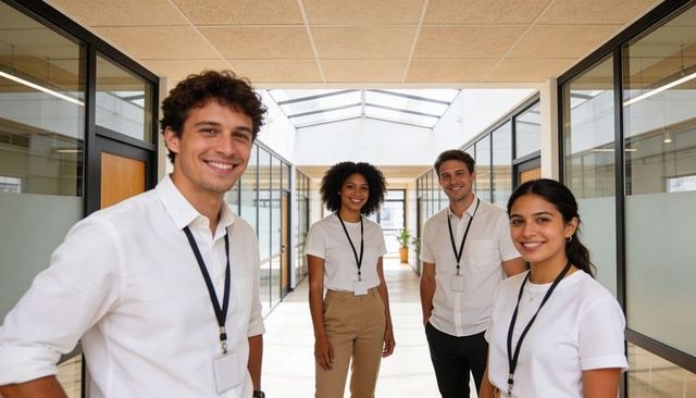 Young diverse office team standing in bright modern glass corridor under skylight smiling