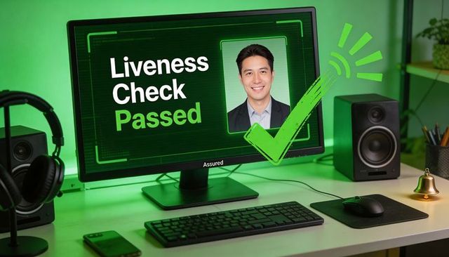 Liveness check passed on desktop monitor showing id portrait and biometric verification