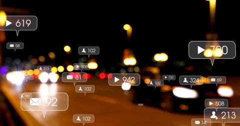 Social Media Engagement Icons Over Busy Urban Night Scene - Download Free Stock Images Pikwizard.com