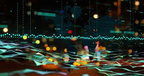 Abstract Digital Financial Data Overlaid on Global Map and Bokeh City Lights