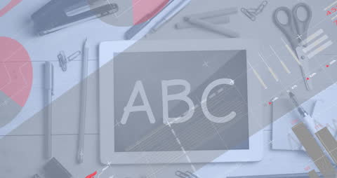 Digital Interface with Stationery and ABC Text on Tablet