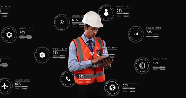 Engineer in Hard Hat and Safety Vest Using Tablet with Technological Graphs Overlay - Download Free Stock Images Pikwizard.com