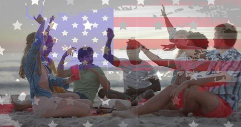 Diverse Friends Celebrating on Sunny Beach with American Flag Overlay