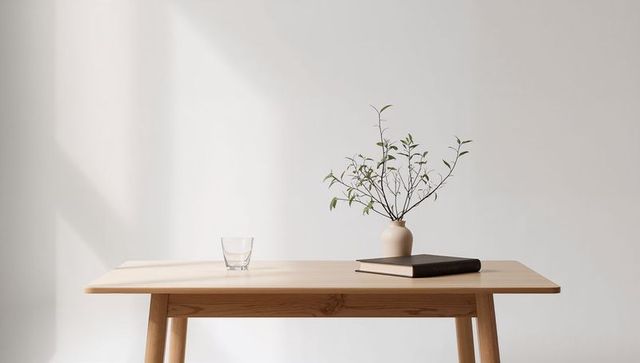 Minimal wooden table with ceramic vase and delicate branches, hardcover book and glass