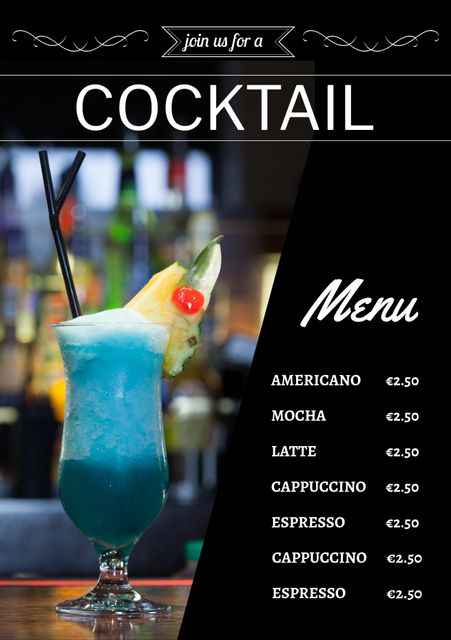 This blue cocktail menu template is perfect for promoting refreshing drinks at your bar or café. The design features a vibrant blue cocktail on a bar background, visually appealing pricing for various coffee drinks such as Americano, Mocha, Latte, and different types of Cappuccino and Espresso. It is ideal for use in bar promotions, helping to attract customers with eye-catching graphics and clear pricing. Also suitable as part of your bar's advertising campaign to enhance its visual appeal.