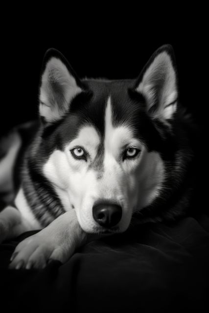 Siberian Husky with striking blue eyes lying calmly on a dark background. Suitable for pet-themed articles, blog posts about Husky breeds, and veterinary clinic promotions. Can also be used for animal behavioral publications and pet care advertisements.