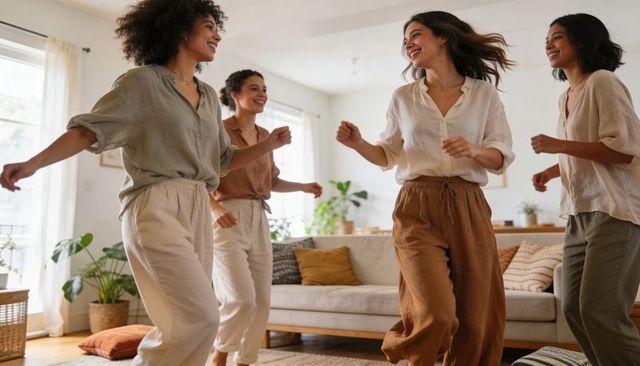 Friends dancing at home in sunlit living room wearing linen blouses and wide-leg pants