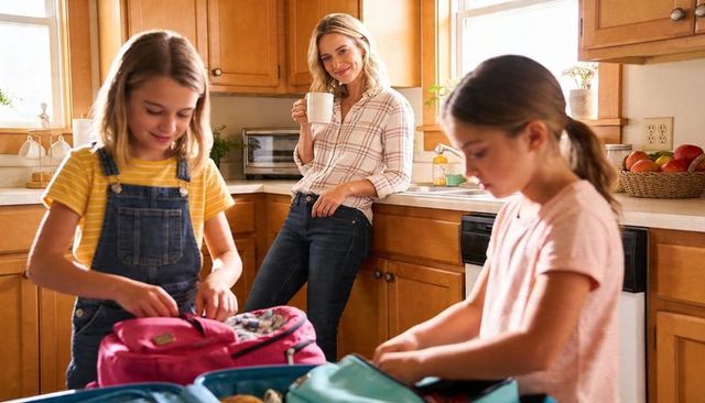 Sunlit morning family packing backpacks in cozy kitchen parent watching with warm coffee