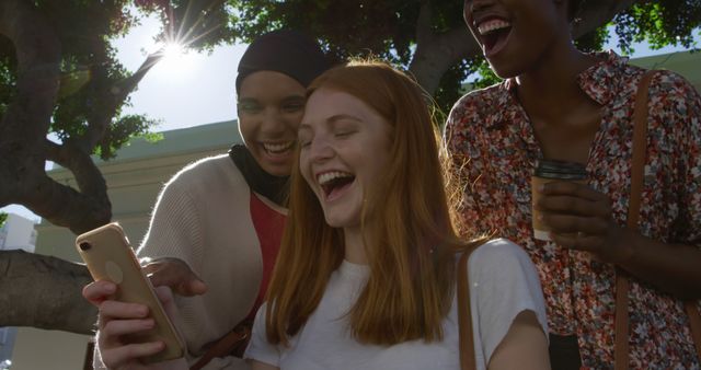 Diverse Group of Friends Laughing and Enjoying Smartphone Outdoors - Download Free Stock Images Pikwizard.com