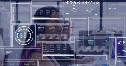 Business Professionals Analyzing Futuristic Data Interfaces in Modern Office