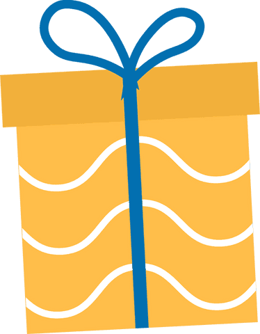 Yellow gift box with blue ribbon and white stripes on transparent background