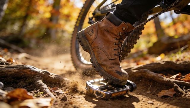 Brown leather hiking boot pressing mountain bike pedal on autumn trail kicking dust