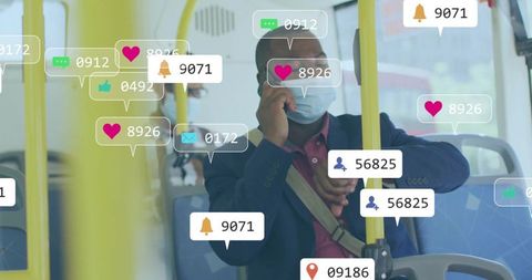 Masked commuter holding phone and gripping pole on city bus with app notification overlays