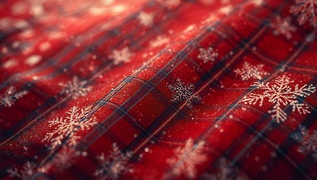 Luxurious red tartan fabric with snowflake design and sparkling glitter