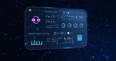 Holographic Finance Dashboard Floating Over Cosmic Backdrop Showing Live Metrics and Charts