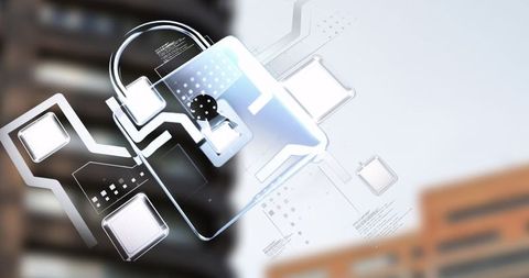 Digital Padlock Icon with Abstract Circuit Overlays at Urban Background