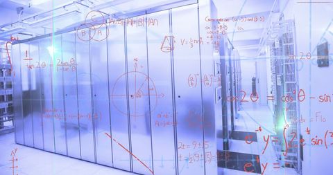 Computer Server Room with Overlaid Mathematical Equations - Download Free Stock Images Pikwizard.com