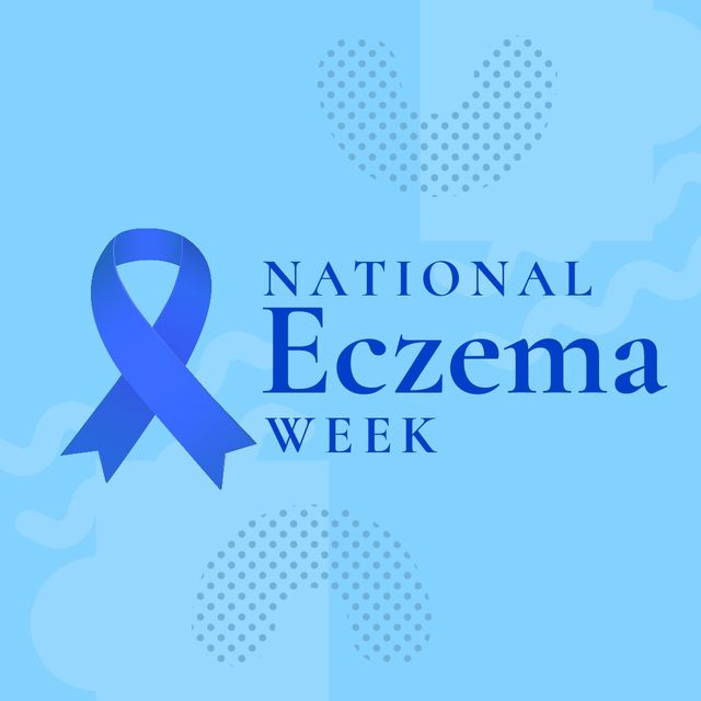 Illustration of blue awareness ribbon with national eczema week text and heart shapes, copy space. Blue background, copy space, disease, skin condition, itchy, healthcare, awareness, prevention.