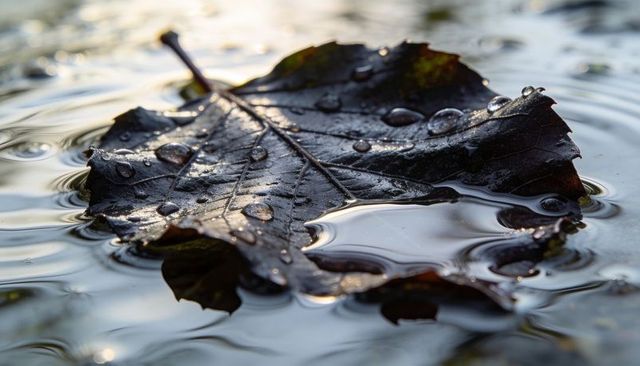 Moody dark brown autumn leaf floating on reflective water with dew droplets and ripples