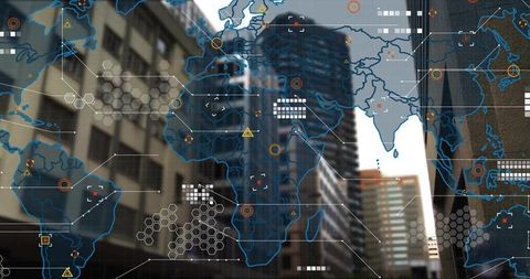 Projecting Global Data Overlay over Urban Skyline with HUD Hex Grid and Analytics