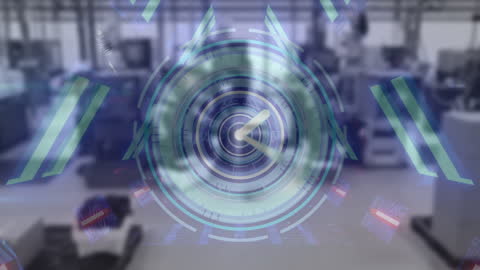 Futuristic Digital Clock Overlay in Industrial Warehouse