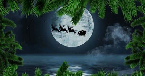Santa's Sleigh Silhouette Against Full Moon Personifying Christmas Magic