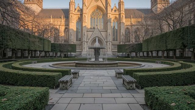 Sunlit gothic cathedral courtyard with tiered fountain and symmetrical topiary gardens