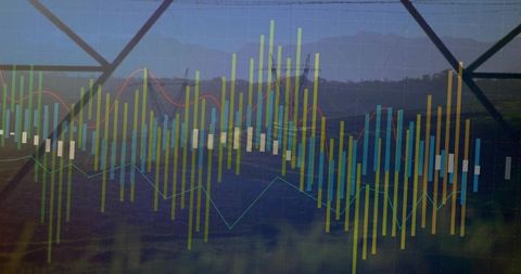 Multicolored financial chart overlay on natural landscape