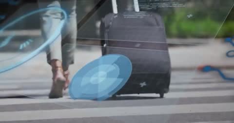 Person Walking with Suitcase and Digital Interface Overlay