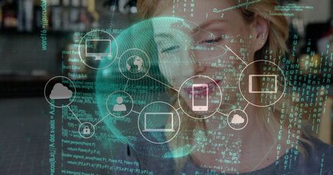 Woman Analyzing Data with Cloud Integration in Modern Cafe