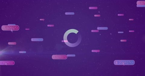 Central neon loading spinner with floating data tags on futuristic purple dashboard