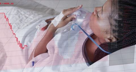 Hospital patient receiving oxygen mask and iv with transparent monitoring data overlay