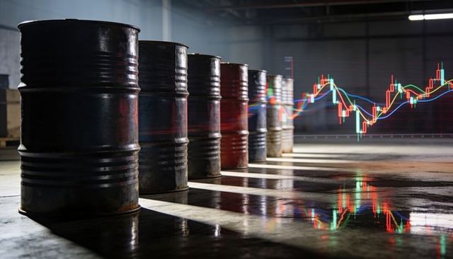 Weathered Oil Barrels Reflecting Stock Market Charts in Wet Industrial Warehouse with Neon