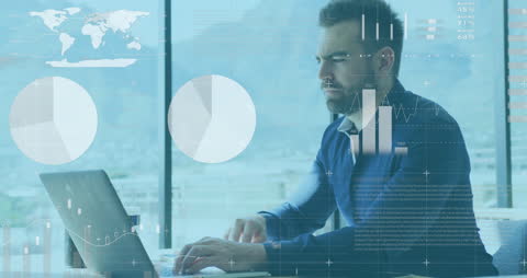 Businessman Analyzing Global Data on Laptop