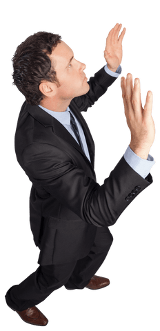 businessman confidently raising arms in professional suit on white transparent background, conveying accomplishment or growth. image can be used in business presentations, motivational material, or career-oriented campaigns.