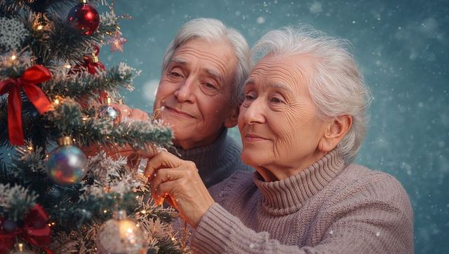 Elderly Women Joyfully Decorating Christmas Tree Together