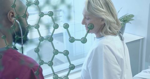 Doctor Conducting Medical Exam with Virtual Molecule Visualization