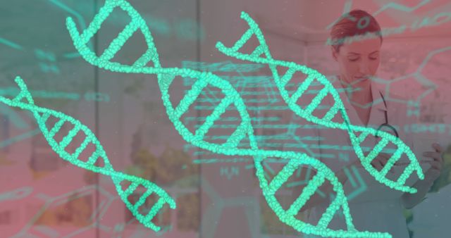 Scientist in modern laboratory researching DNA structure with digital holograms of double helix. Ideal for use in articles related to genetics, healthcare research, biotechnology advancements, molecular biology, and scientific innovations.